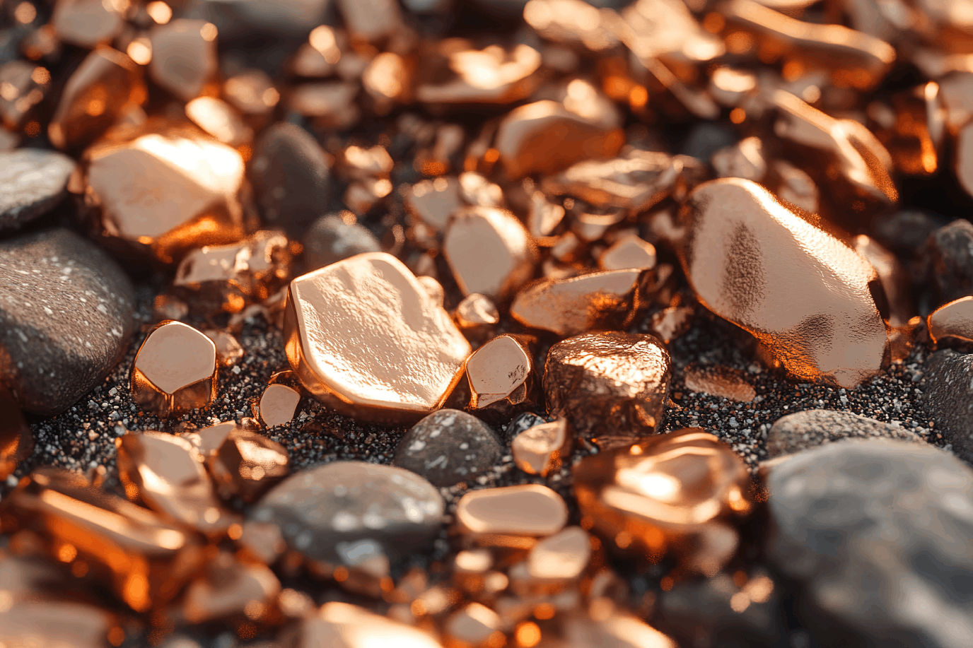 Close-up of shiny copper nuggets among rocks